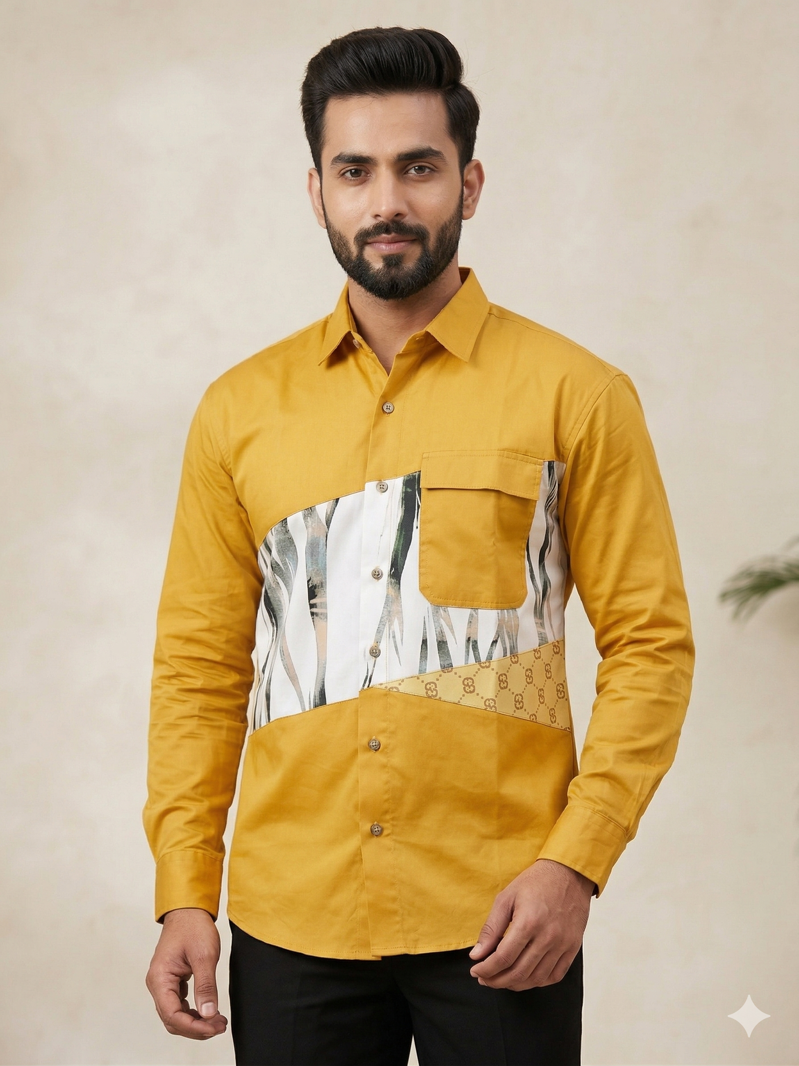 Lefko Mustard Yellow Abstract Patchwork Shirt